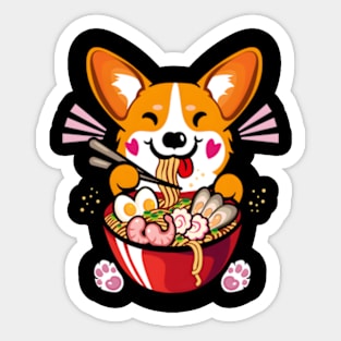 Kawaii Welsh Corgi Eating Ra Sticker